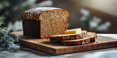 Loaf of freshly baked bread with butter slices served on a wooden board in a cozy winter setting