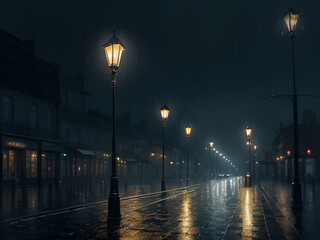 Rainy street at night, lit by a lantern