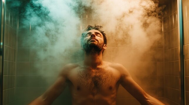 A shirtless man with a serene expression relaxes in a steam room, enveloped by mist, highlighting a moment of tranquility and introspection.
