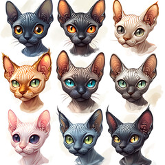 Stylized portraits of various sphynx cats showcasing unique fur patterns and expressive eyes in a colorful artistic style