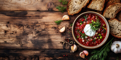 Traditional borscht with sour cream and dill served in a rustic bowl with rye bread on a wooden table
