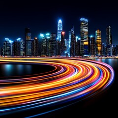 Fototapeta premium Night Cityscape with Colorful Light Trails and Skyscrapers