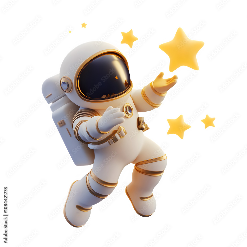 Poster Cheerful cartoon astronaut floating in space, reaching for shining stars in 3d rendering with a transparent background