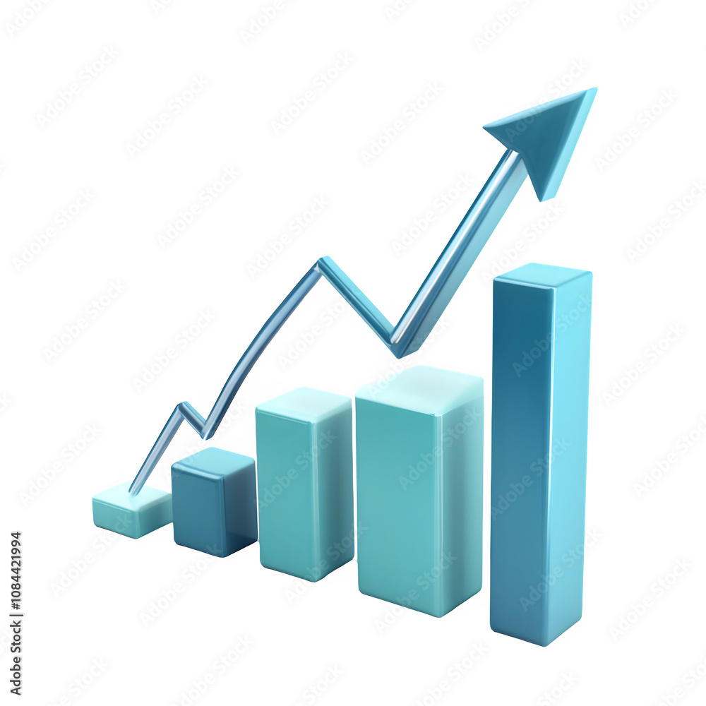 Poster 3d bar graph with increasing arrow indicating growth, success and positive business results on a tra