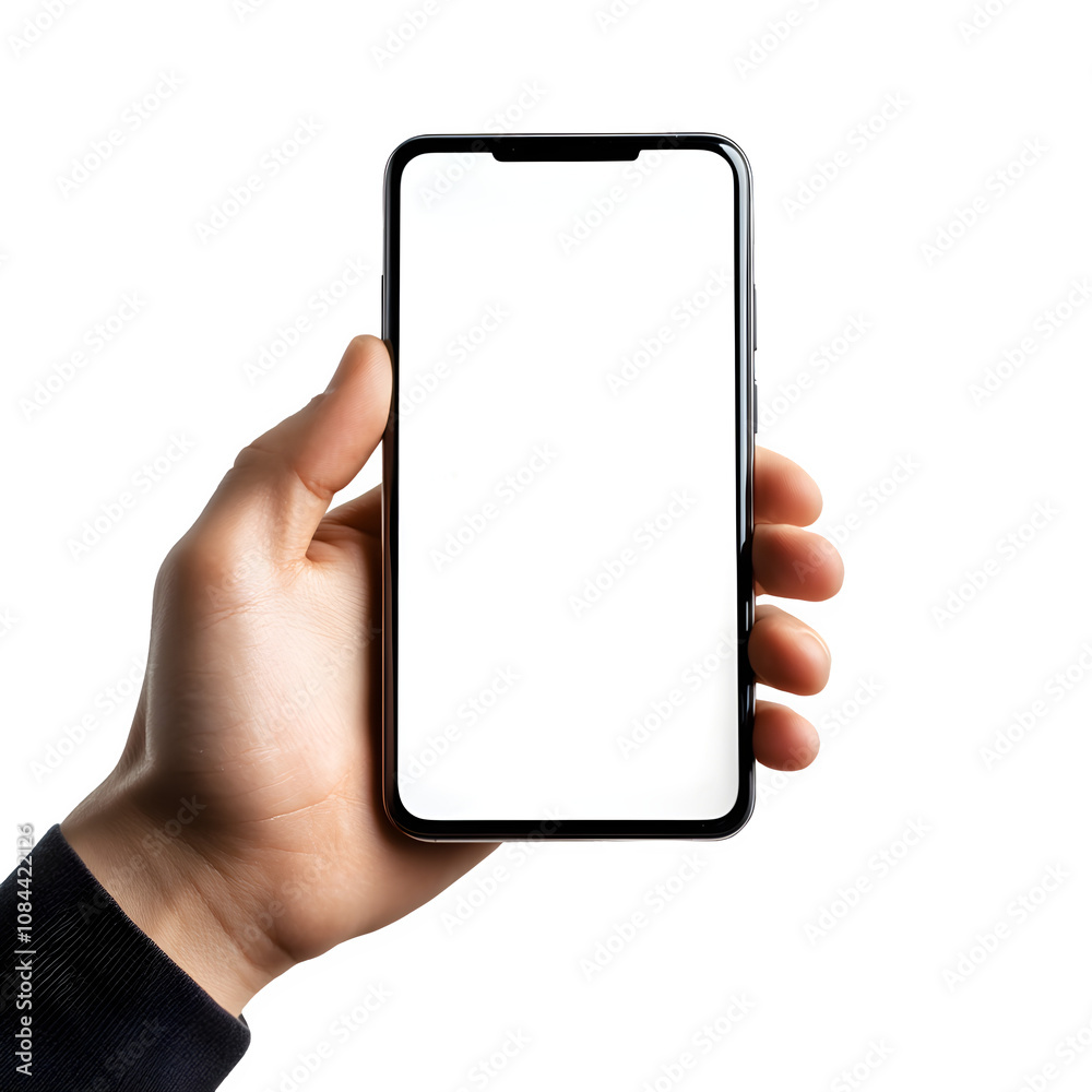 Poster close-up of hand holding modern smartphone with blank white screen, perfect for showcasing mobile ap