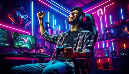 Obraz premium Gamer shouting with happiness and joy on winning