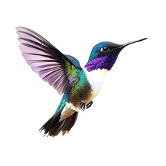 Fototapeta premium Stunning hummingbird with colorful feathers in mid-air, set against a clear background