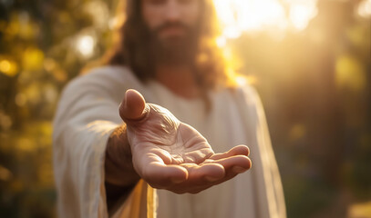 Close-up shot of Jesus Christ's hand welcoming you in Gethsemane Garden. Dressed in a white robe. Beautiful moody evening among olive trees, soft light casting gentle shadows.