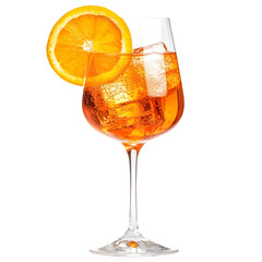 Aperol spritz cocktail, adorned with a fresh orange slice and ice cubes, is displayed against a see-through backdrop