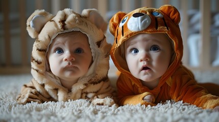 Twin babies dressed in matching animal-themed costumes