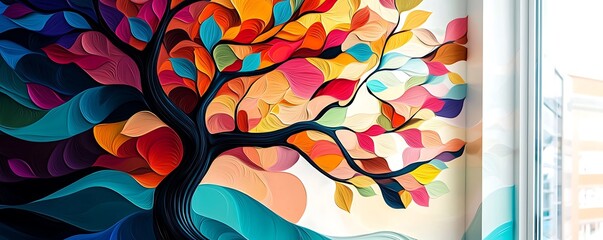 3D abstract wallpaper design featuring a colorful tree with vibrant branches, perfect for wall art.