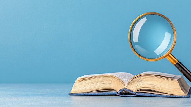 Exploring knowledge open book under magnifying glass minimalist studio environment educational focus on learning and research