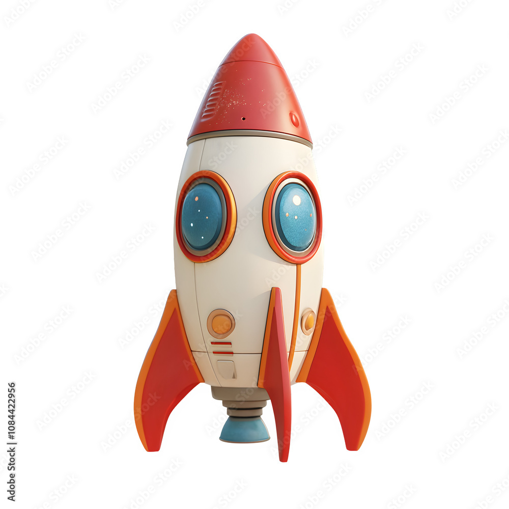 Poster colorful cartoon rocket ship with 3d rendering and portholes showing stars, ready for take-off on a 