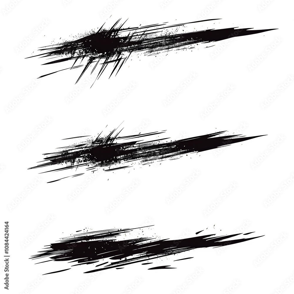 Poster Three grunge brush strokes form a dynamic and edgy design element, isolated on a transparent background