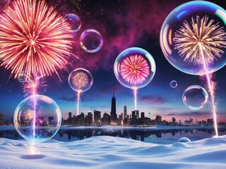 A surreal New Year's celebration with fireworks inside bubbles, creating a fantastical scene of light, color, in the night sky