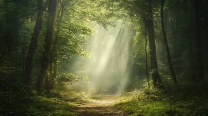 Fototapeta premium Enchanted Forest Pathway - Sunlight Beams Through Trees