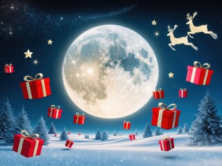 A surreal New Year's scene with a giant moon, floating gifts in the air, reindeer, and snow-covered trees, creating a magical, dreamlike atmosphere
