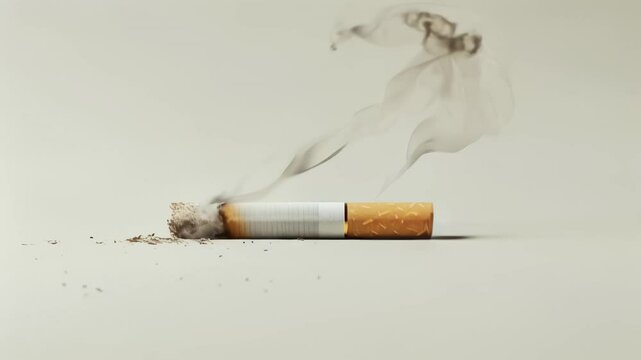Lit cigarette burning and emitting smoke, resting on a white surface with ash scattered around, creating a stark contrast