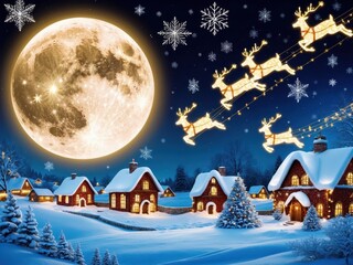 Naklejka premium A surreal Christmas scene with a large moon casting light over a village, as glowing reindeer shapes appear in the sky, adding a magical holiday touch.