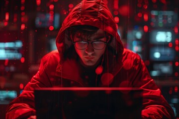 Obraz premium A male hacker working on malicious software looking at his computer screen with red light surrounding him