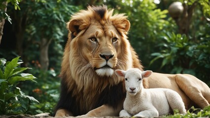 Fototapeta premium A majestic lion rests peacefully next to a lamb in a lush green jungle setting at sunrise