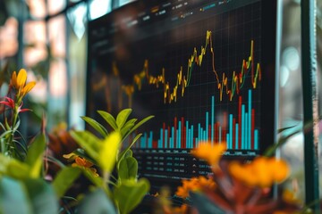 Colorful stock market data is being displayed on a computer screen surrounded by plants