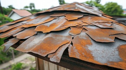 Close-up of a roof with peeling and rusty metal sheets showing oxidation and decay. The layered metal sheets exhibit various shades of rust, adding texture to the weathered surface.