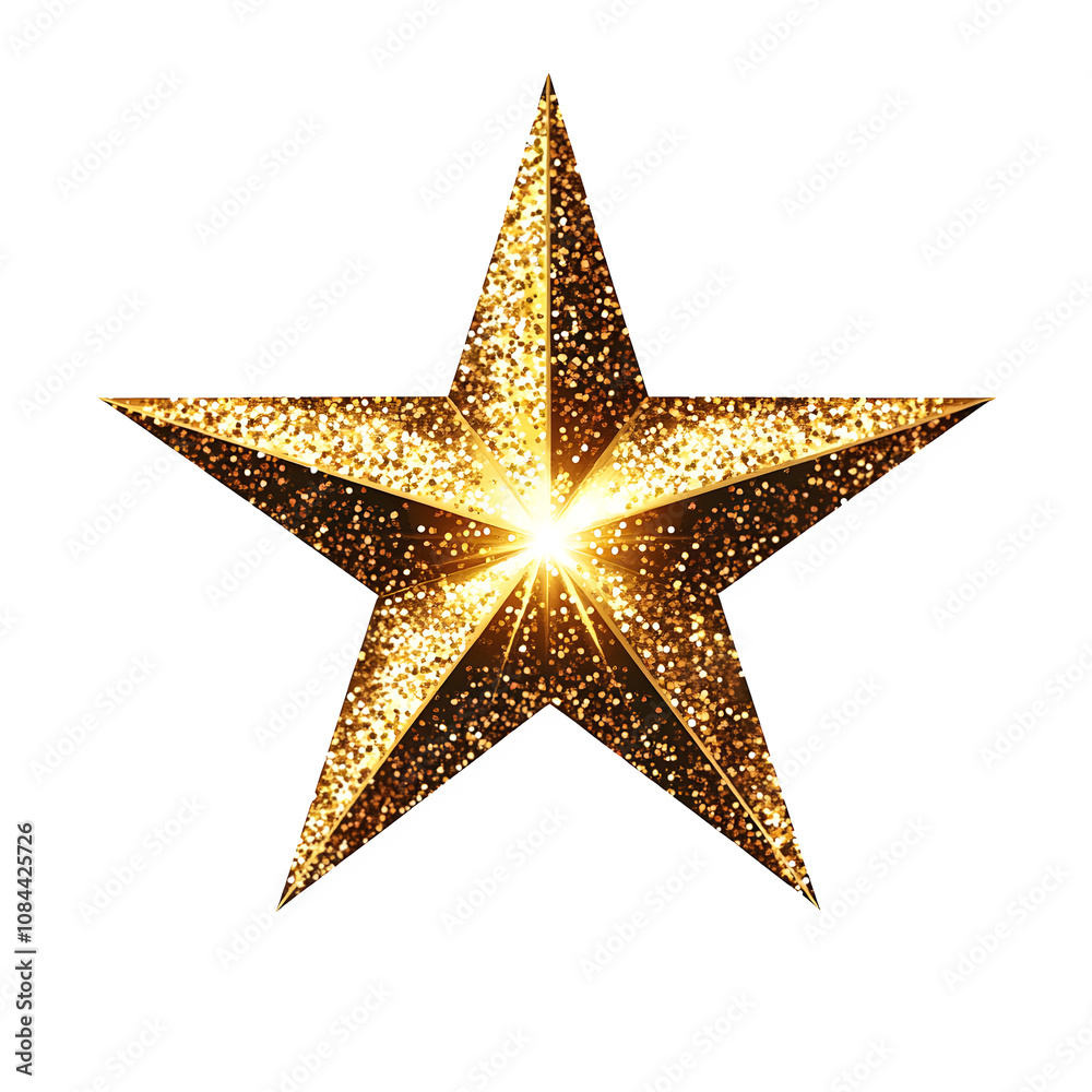 Poster Shiny golden star with sparkling effect, emitting light, isolated on transparent background, ideal for festive designs