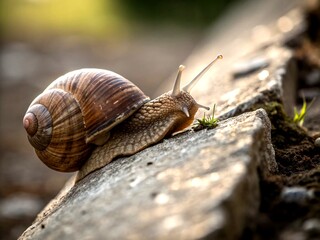 Close-Up of a Roman Snail Exploring the Edge of an Abyss with High Depth of Field, Showcasing its Brownish Shell and Intricate Details Against a Blurred Background