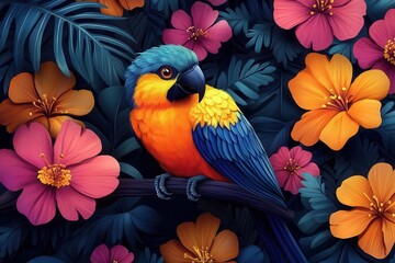 seamless pattern inspired by the organic forms and vivid colors of a tropical rainforest, showcasing vibrant birds and flowers in a playful, artistic layout