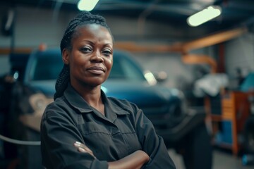 A proud black female mechanic in her forties is standing with her arms crossed in her workshop looking towards the camera