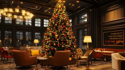 Fototapeta premium Festive gathering christmas tree luxurious hotel lounge interior decor elegant atmosphere cozy viewpoint holiday spirit