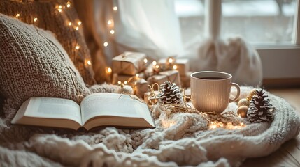 Obraz premium Cozy winter reading home interior lifestyle scene warm atmosphere close-up comfort and relaxation