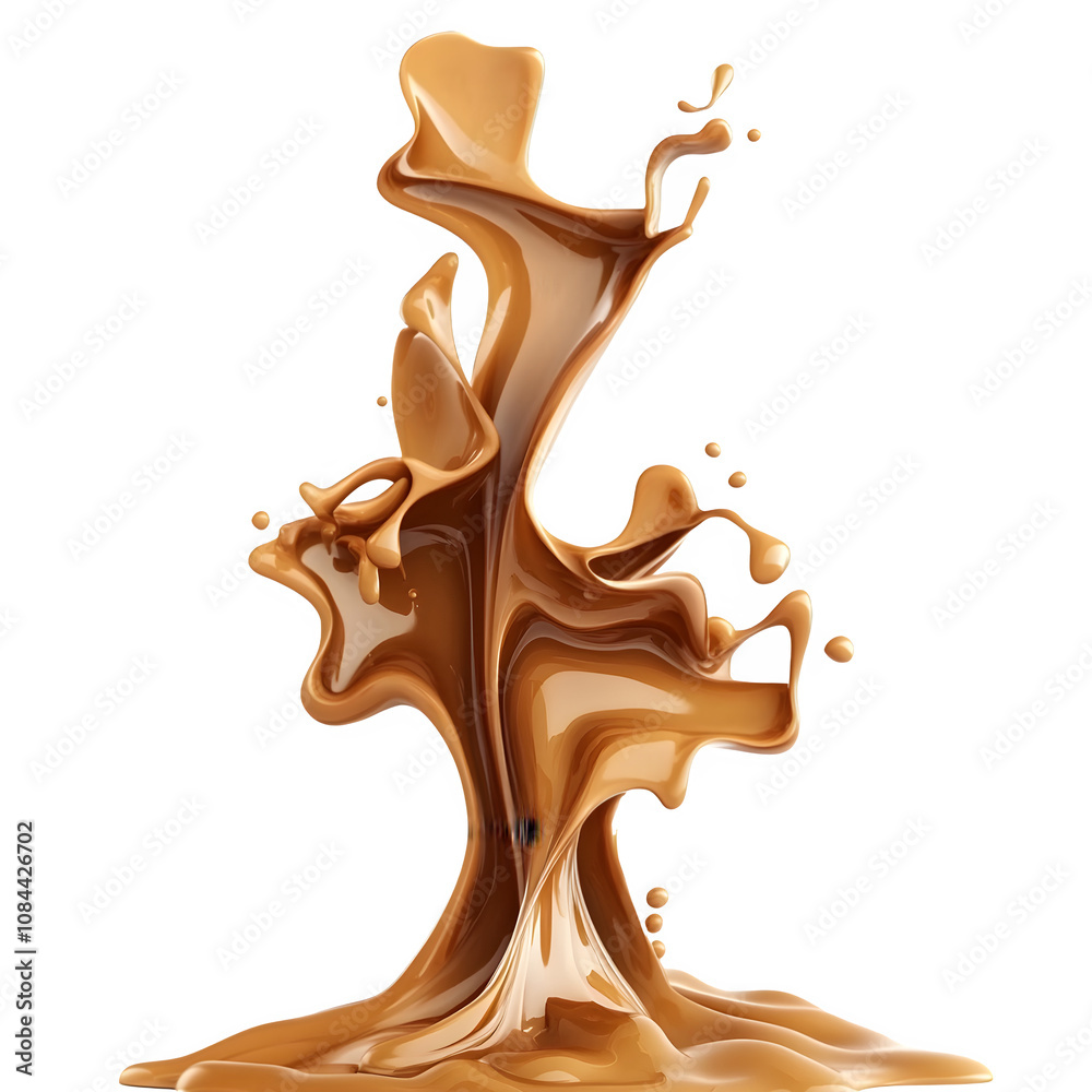 Poster abstract liquid caramel splashing and forming on a transparent background, ideal for promoting food 