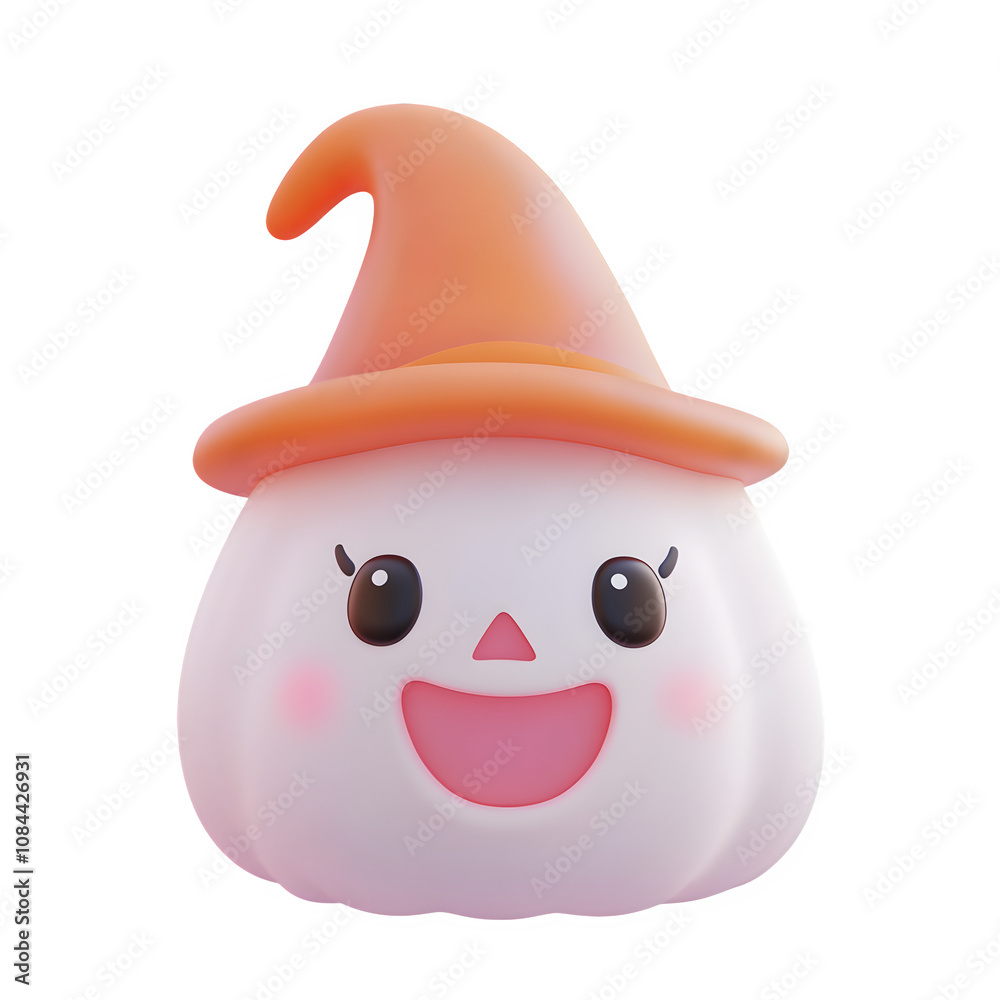 Poster 3d rendering of a cute smiling halloween pumpkin wearing an orange witch hat, isolated on transparent background