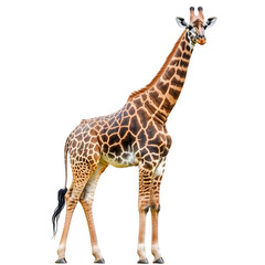 Naklejka premium Full-body view of a giraffe standing against a transparent background, showcasing its impressive height and unique coat pattern