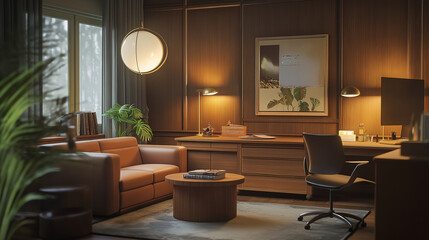 Fototapeta premium Cozy Corner: A cozy office with comfortable seating, warm lighting, and personal touches, creating a welcoming and inviting atmosphere.