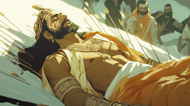 Bhishma's Serenity: Anime Illustration of a Wounded Warrior Amidst Arrows, Divine Light, and Pandava Respect in Soft Winter Glow.