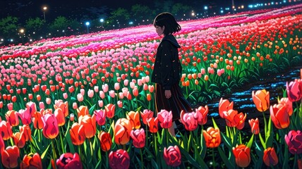 A lone figure walks through a field of vibrant tulips at dusk, illuminated by city lights in the distance.