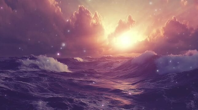 Ocean wave rolling under glowing colorful sky during dramatic sunset light
Seamless looping 4k time-lapse virtual video animation Generated AI