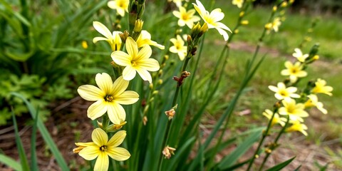 Obraz premium Close-Up of Sisyrinchium Striatum: Stunning Yellow Flowers Captured in Nature’s Splendor with Rule of Thirds Composition for an Eye-Catching Stock Photo