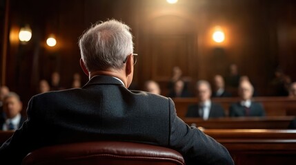 The back view of a silver-haired elder addressing a gathered courtroom, creating a sense of experience, authority, and deliberation among the hushed attendees.