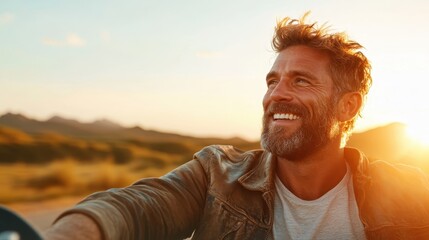A man with a cheerful demeanor is enjoying a motorcycle ride during sunset, catching the last rays of sunlight on his smiling face, an emblem of freedom.