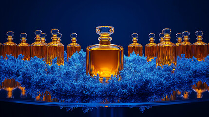 Artistic perfume display featuring creative design in a modern fragrance shop illuminated by vibrant colors