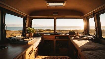 A cozy van interior with panoramic views of the golden coastline at sunset