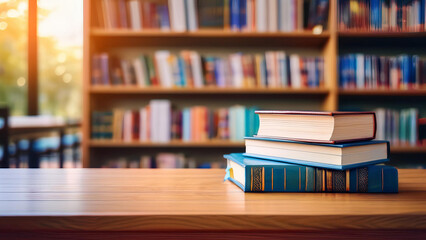  Book stack on wood desk and blurred bookshelf in the library room, education background,