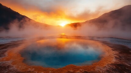 Steam rises from a geothermal pool during sunrise, casting a warm glow over the landscape with mountains silhouetted against the vibrant morning sky.