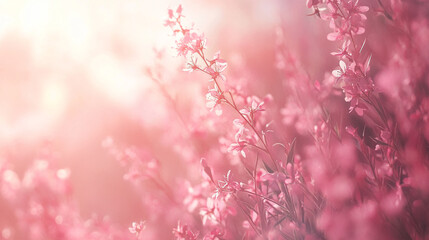 Fototapeta premium Delicate pink flowers bloom softly in a sunlit garden during the spring season