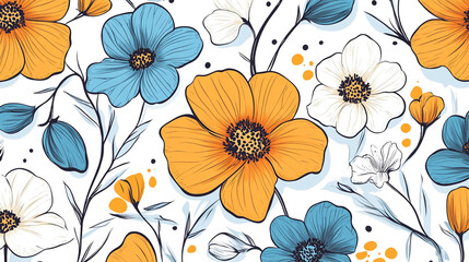 Colorful floral pattern featuring blue, orange, and white flowers on a light background