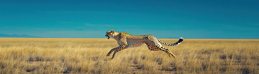 Naklejka premium Cheetah sprinting across open grassland serengeti wildlife photography sunny day side view nature conservation